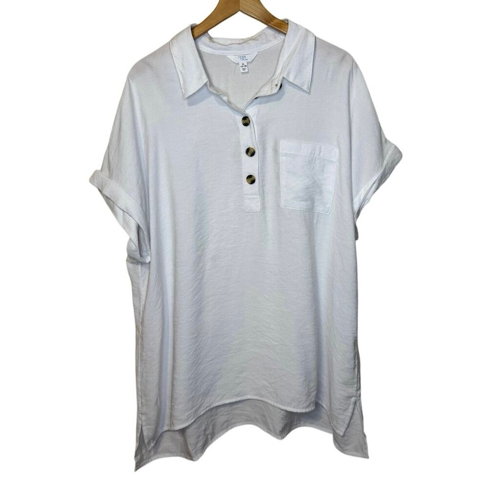 Time & True White Collared Short Sleeve Relaxed Fit Half Button Blouse Top XL